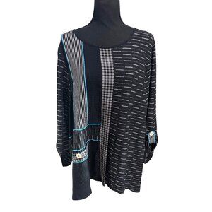 Ali Miles Black White Patchwork Tunic Top 1X Cotton Blend Womens Lagenlook Artsy